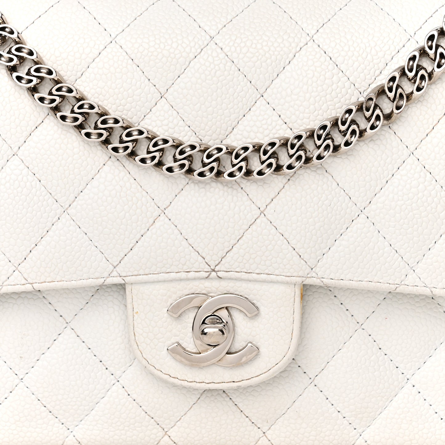 Caviar Quilted Medium Double Flap Bijoux Chain White