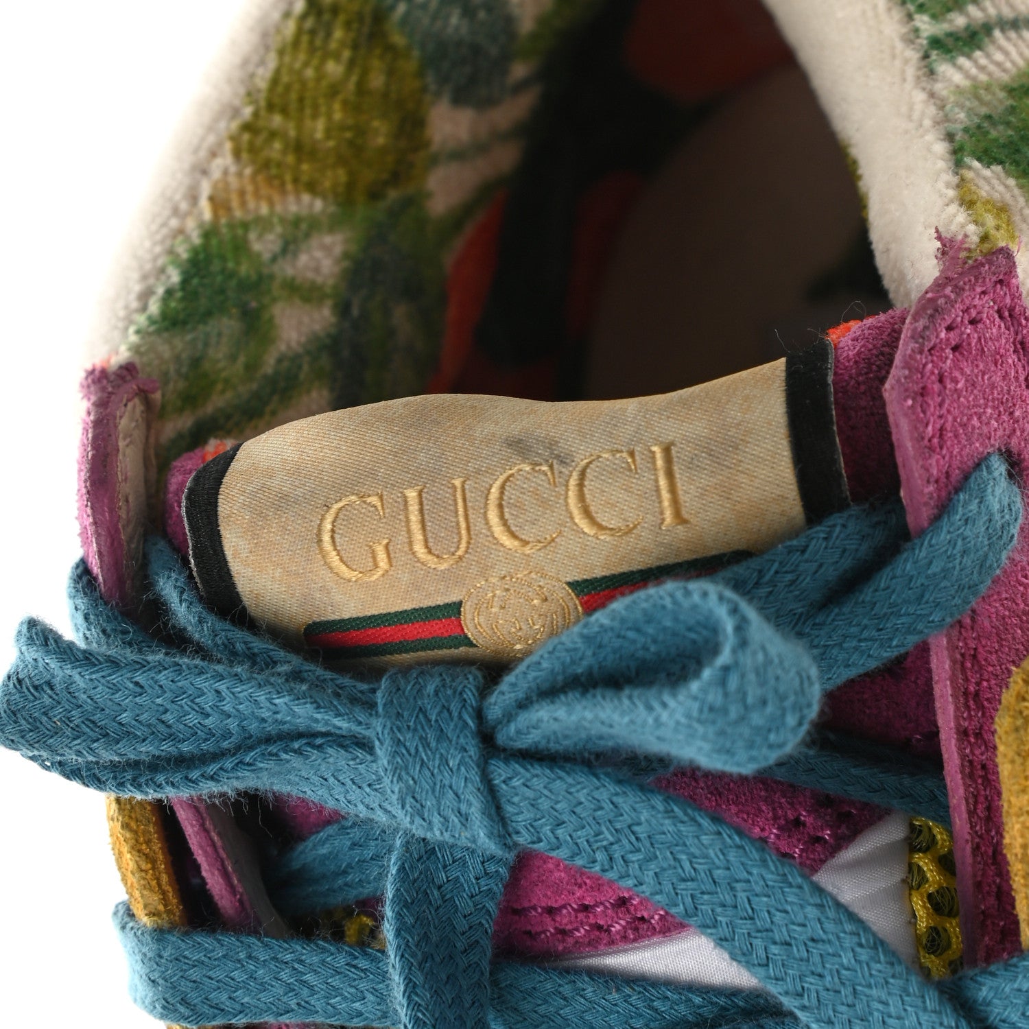 Gucci Suede Mesh Printed Womens Ultrapace Sneakers 35 Crop Zaffiro Neon Yellow 8 of 11