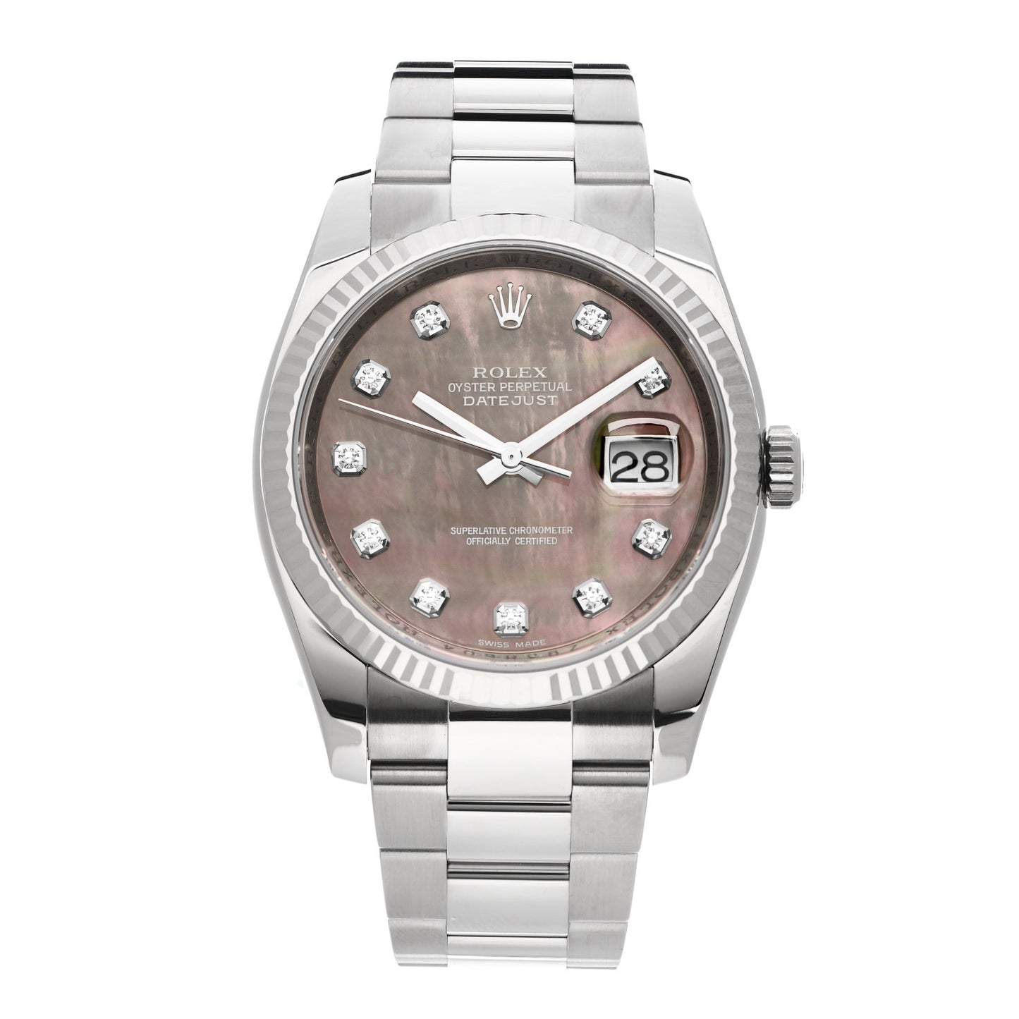 Stainless Steel 18K White Gold Diamond Black Mother of Pearl 36mm Oyster Perpetual Datejust Watch 116234