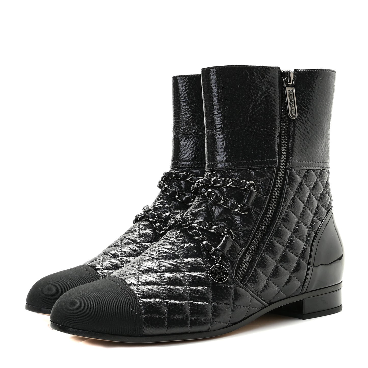 Glazed Deerskin Grosgrain Quilted Cap Toe Chain Boots 38.5 Grey Black
