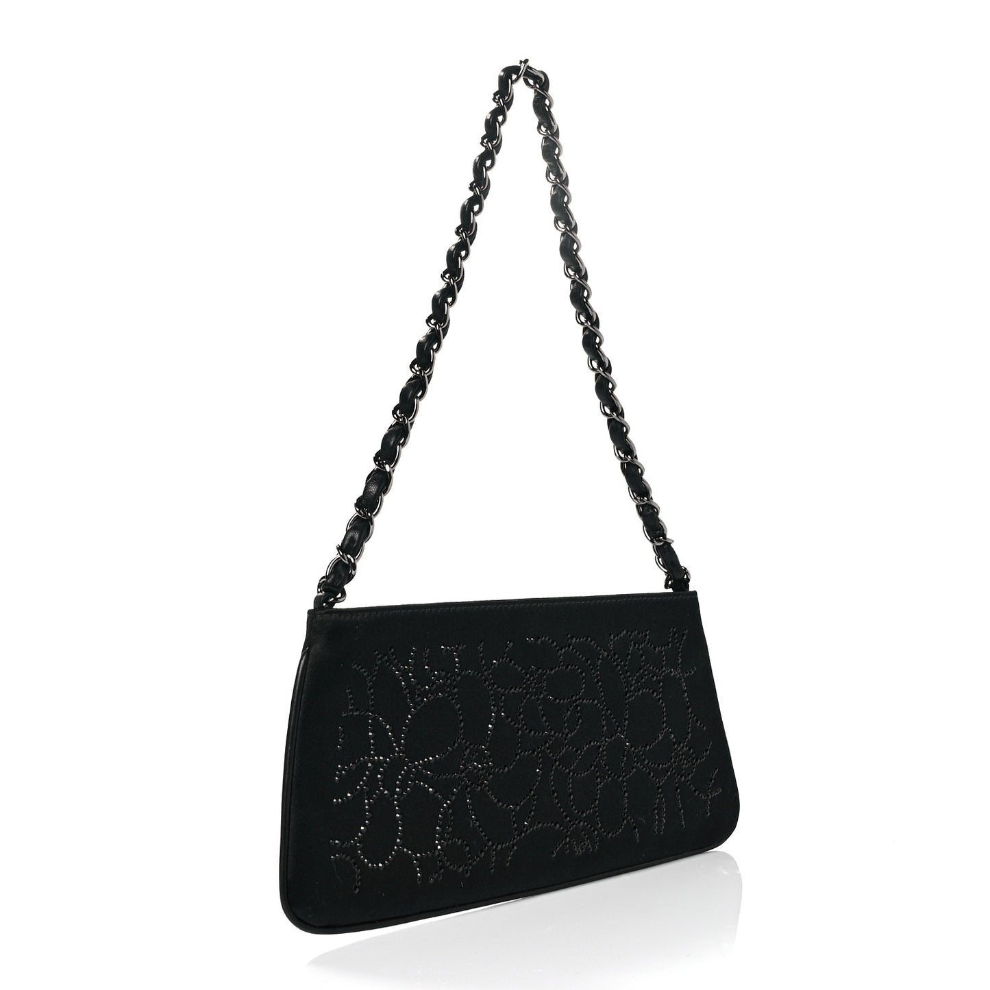 Satin Crystal Camellia Evening Bag Black