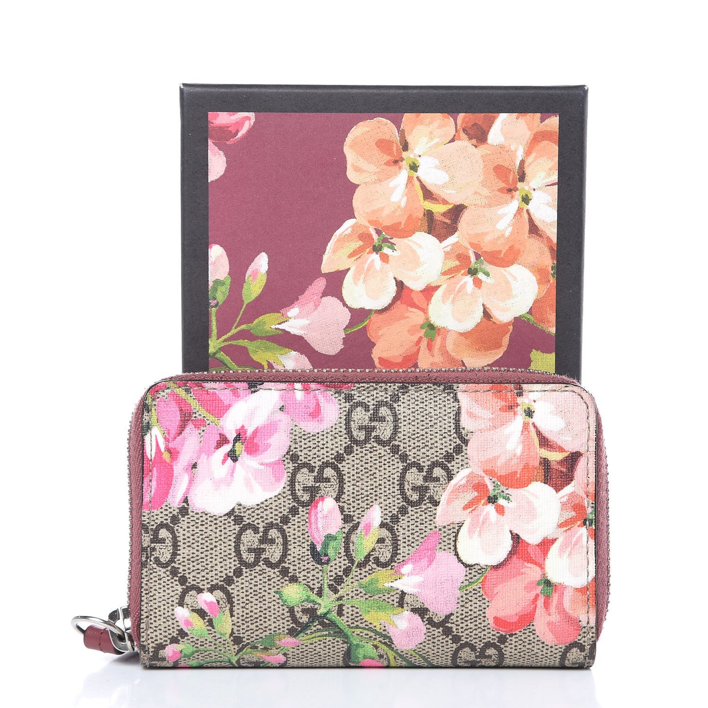 GG Supreme Monogram Blooms Zip Around Card Case Wallet Beige Multicolor Dry Rose