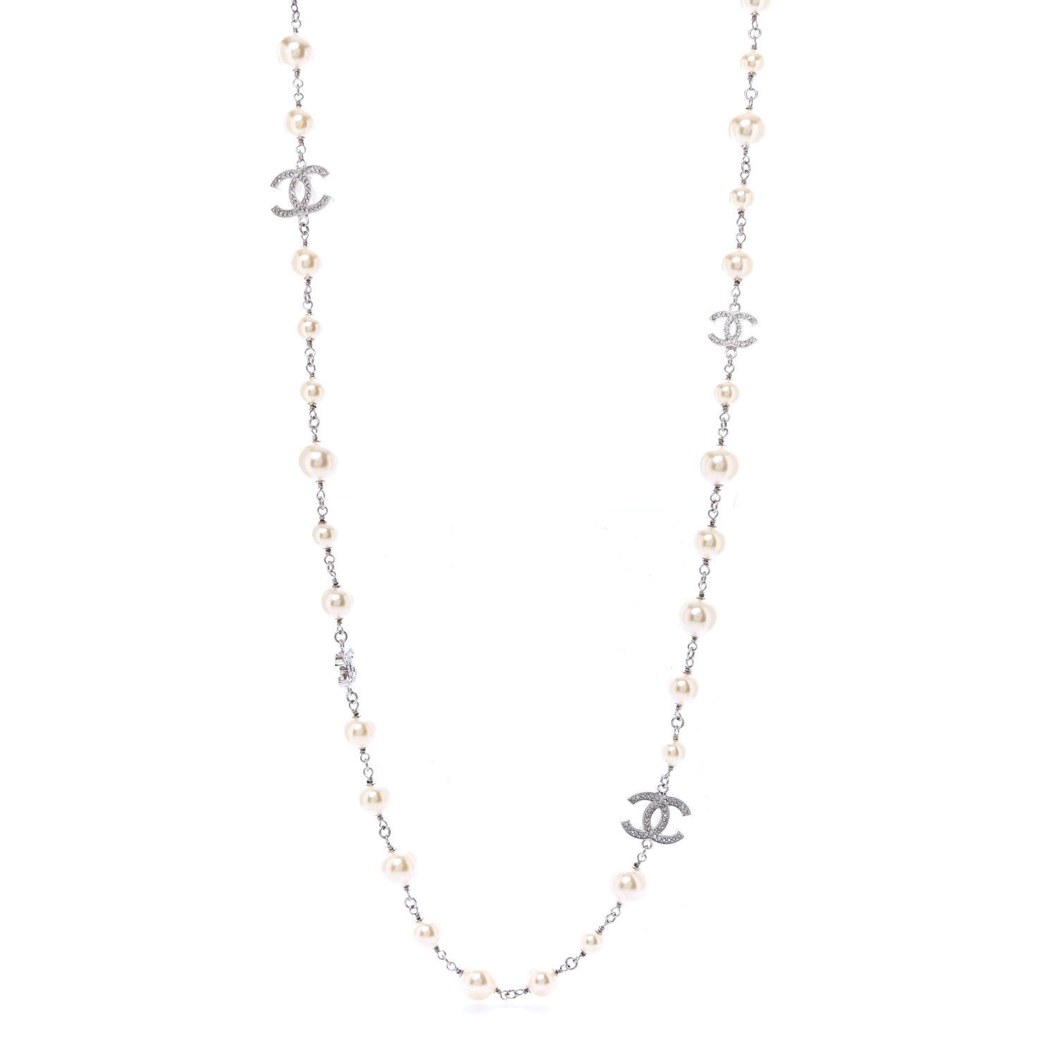 Chanel Graduated Pearl Crystal CC Long Necklace Silver 1 of 7