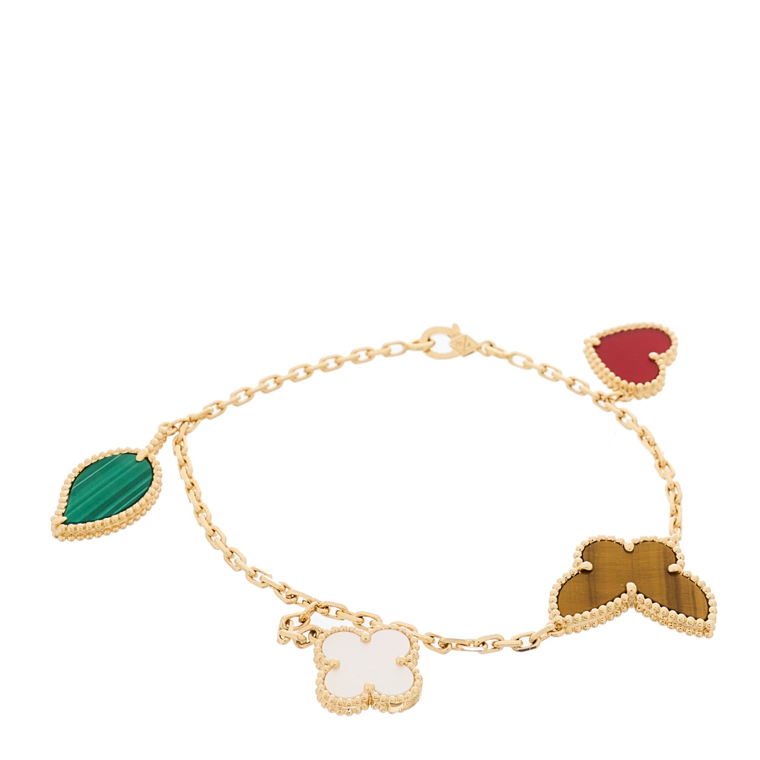 Van Cleef & Arpels 18K Yellow Gold Mother of Pearl Malachite Carnelian Tiger Eye 4 Motifs Lucky Alhambra Bracelet 1 of 4