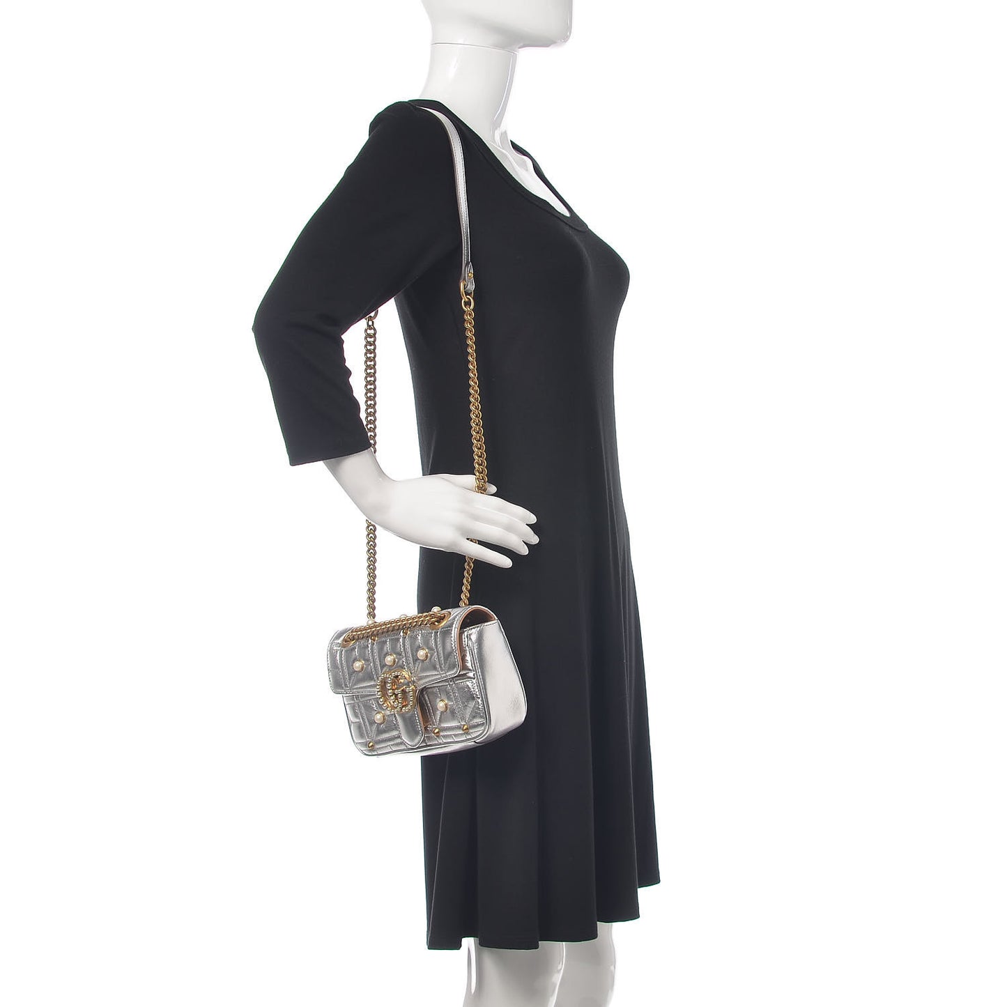 Metallic Calfskin Matelasse Studded Mini Pearly GG Marmont Shoulder Bag Silver
