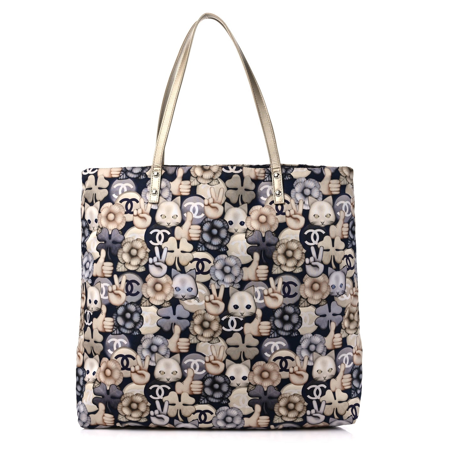 Nylon Cat Emoticon Tote Navy Gold