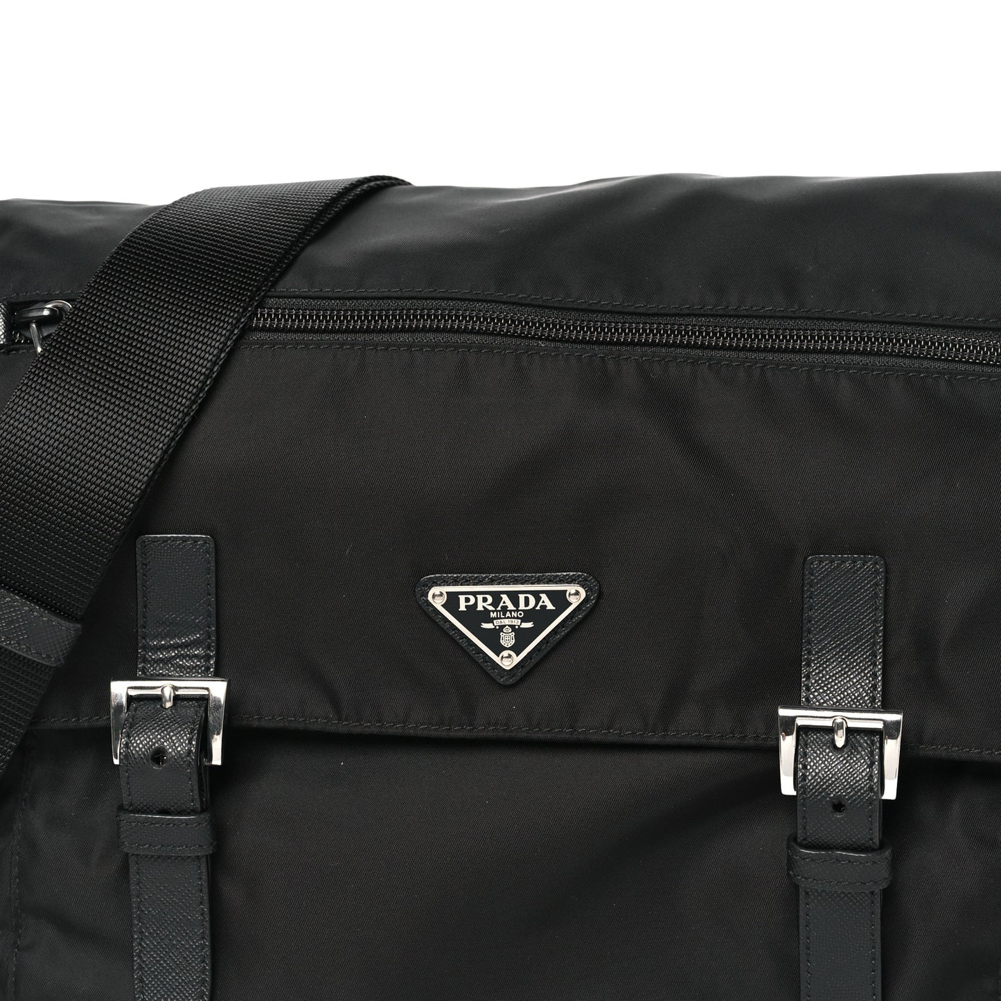 Tessuto Nylon Saffiano Double Buckle Messenger Shoulder Bag Black