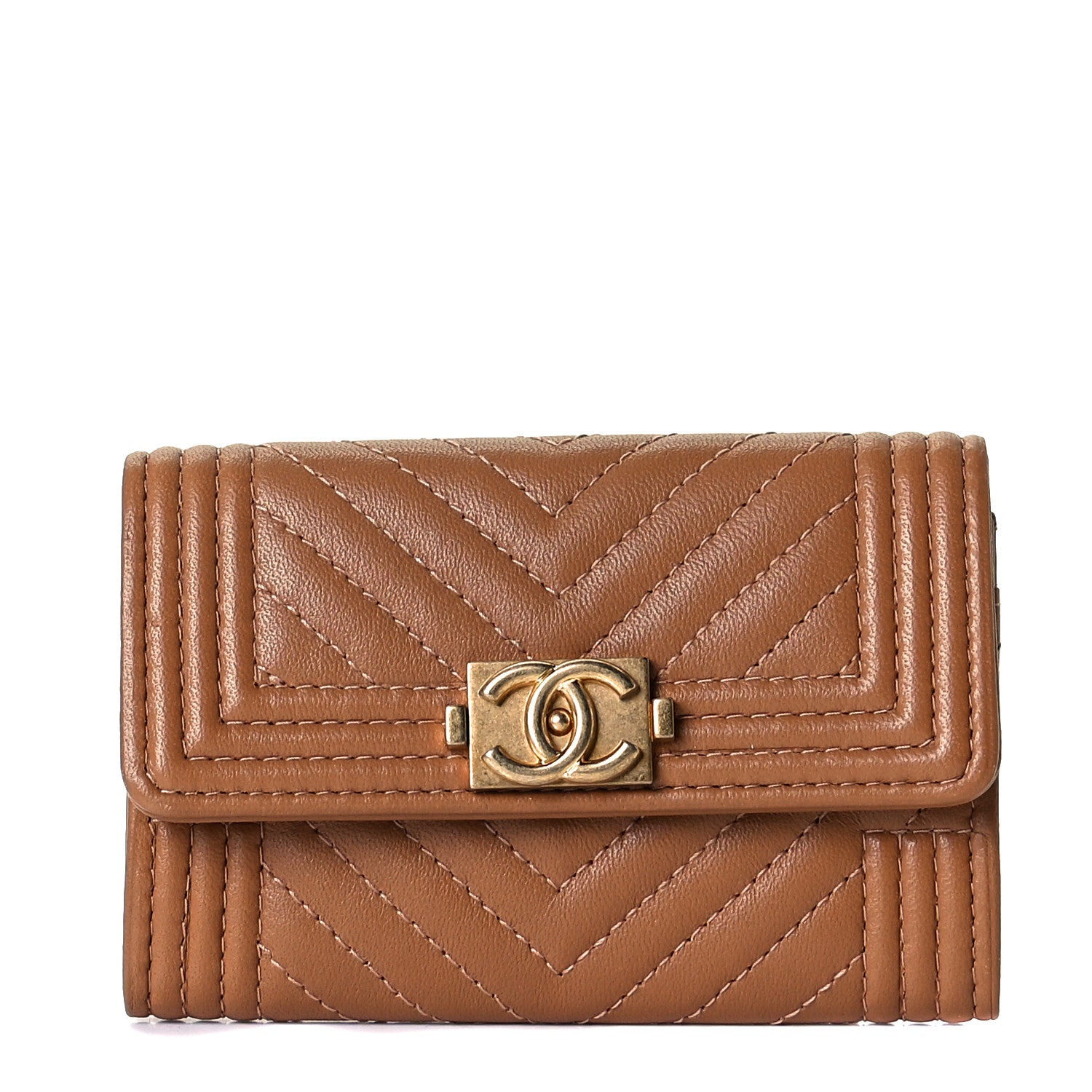 Chanel Lambskin Chevron Quilted Boy Card Holder Dark Beige 1 of 8