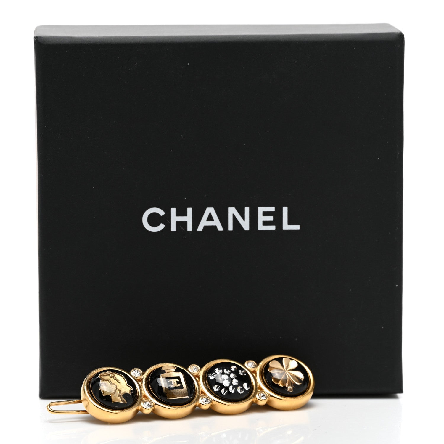 Chanel Metal Resin Enamel Crystal CC Hair Clip Barrette Gold Black 5 of 5