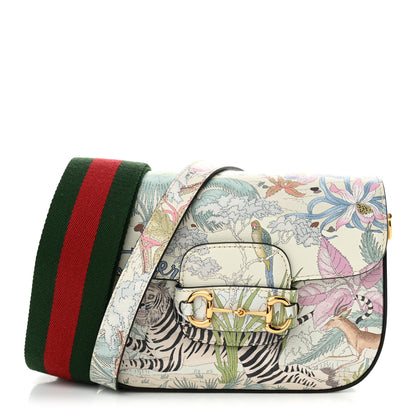 Gucci New Shangai Calfskin Tiger Savanah Web Mini Horsebit 1955 Shoulder Bag Chalky White Multicolor 1 of 16