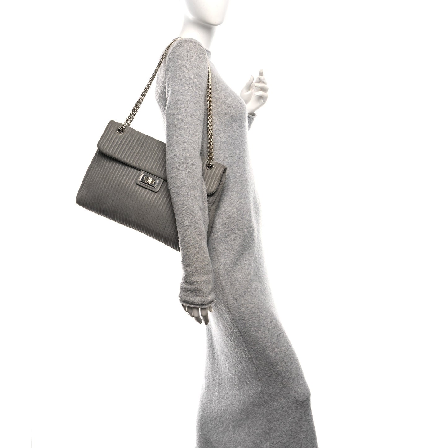 Iridescent Calfskin Vertical Quilted Mademoiselle Lock Bijoux Flap Shoulder Bag Grey
