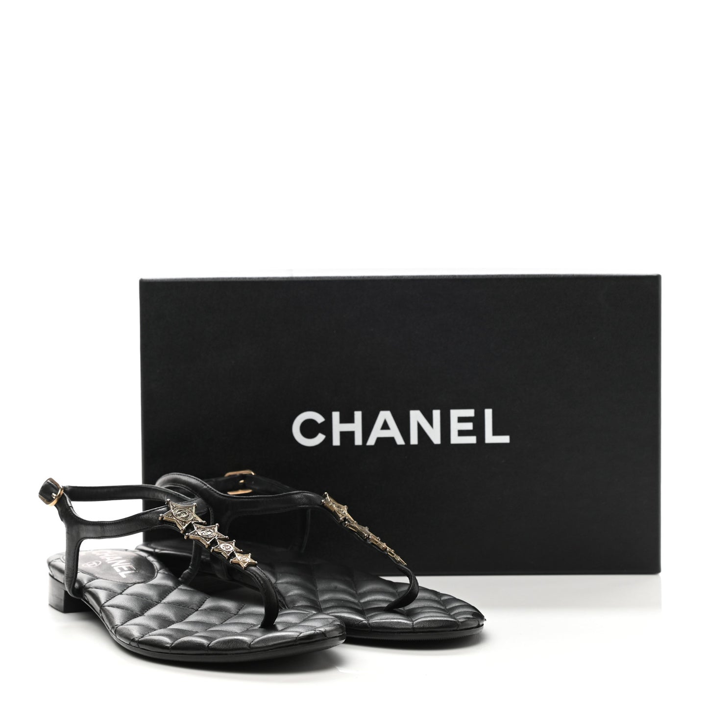 Calfskin Paris Dallas Quilted Star CC Thong Sandals 37 Black