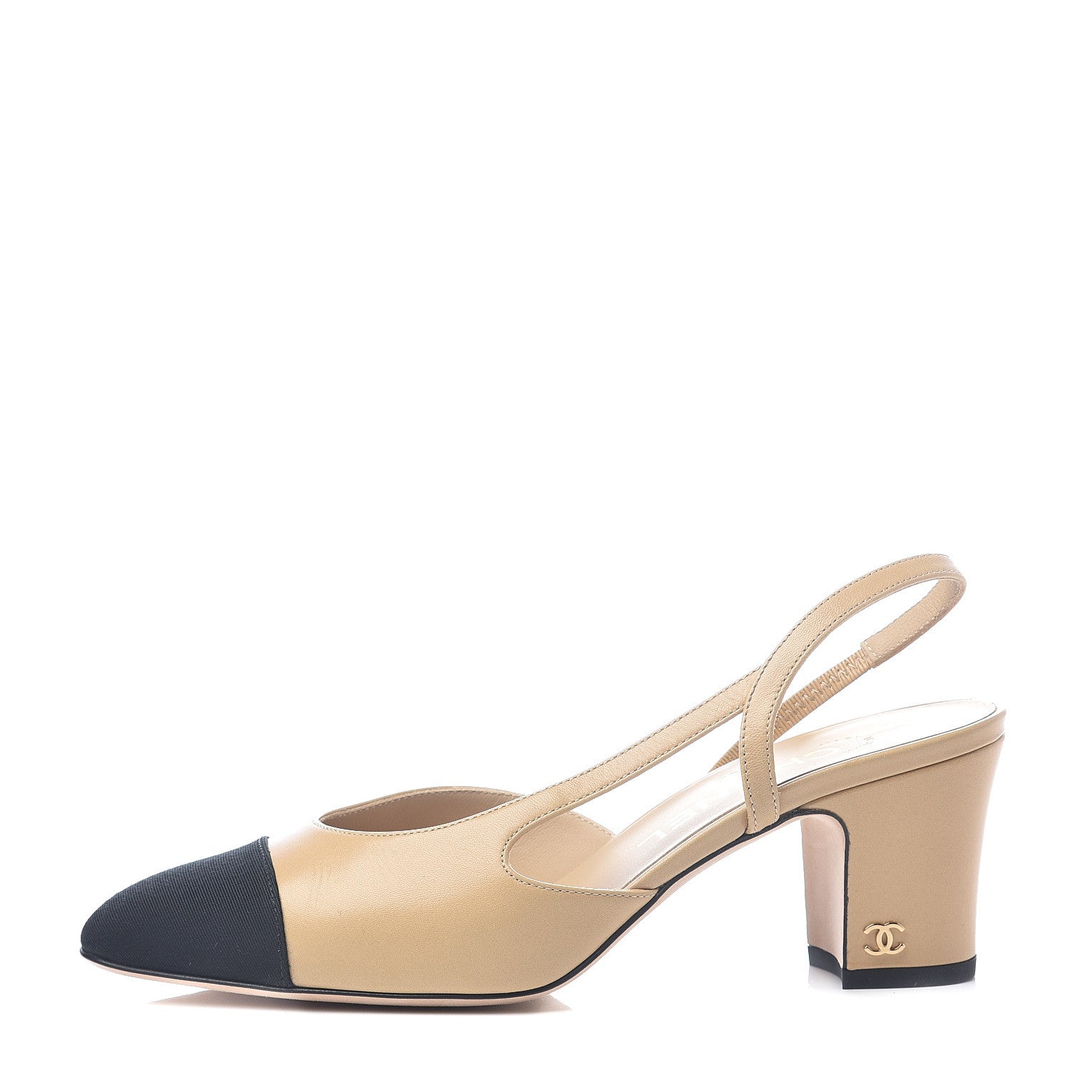 Chanel Goatskin Grosgrain Cap Toe CC Slingback Pumps 36 Beige Black 1 of 7