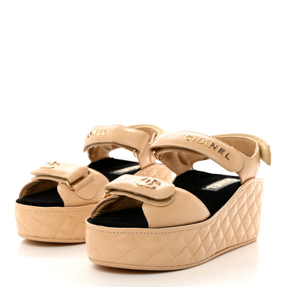 Chanel Shiny Calfskin Logo Platform Sandals 38 Beige 3 of 9