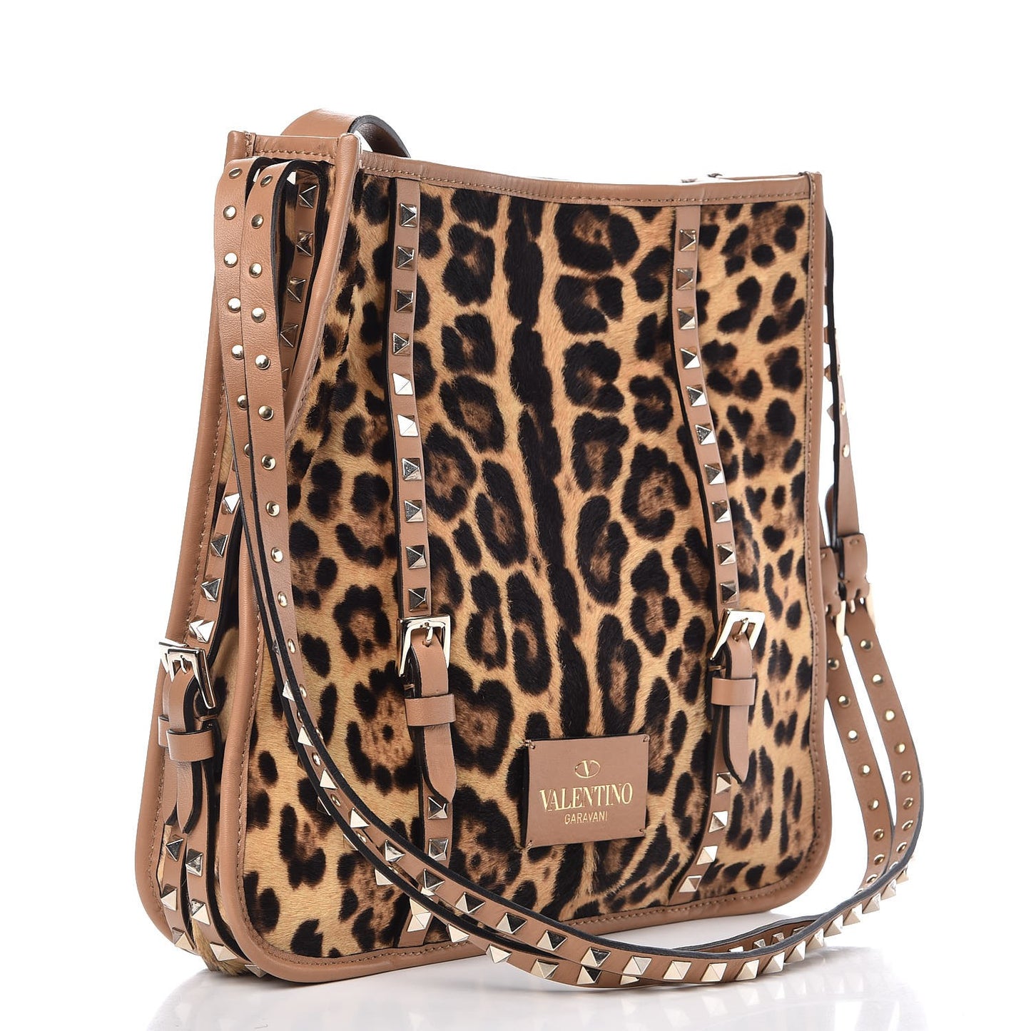 Calf Hair Leopard Print Rockstud Shopper Tote Tan