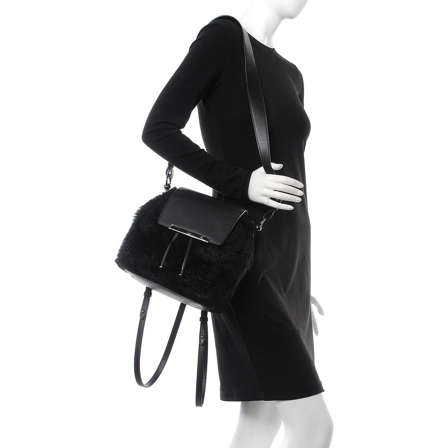 Calfskin Shearling Lucky L Bucket Backpack Black