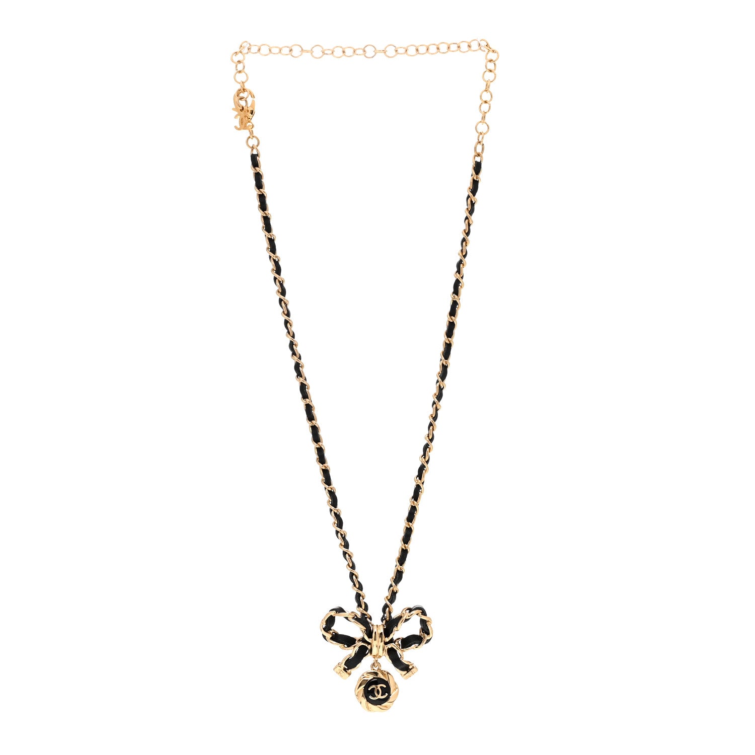 Chanel Metal Lambskin Chain CC Bow Necklace Black Gold 3 of 3