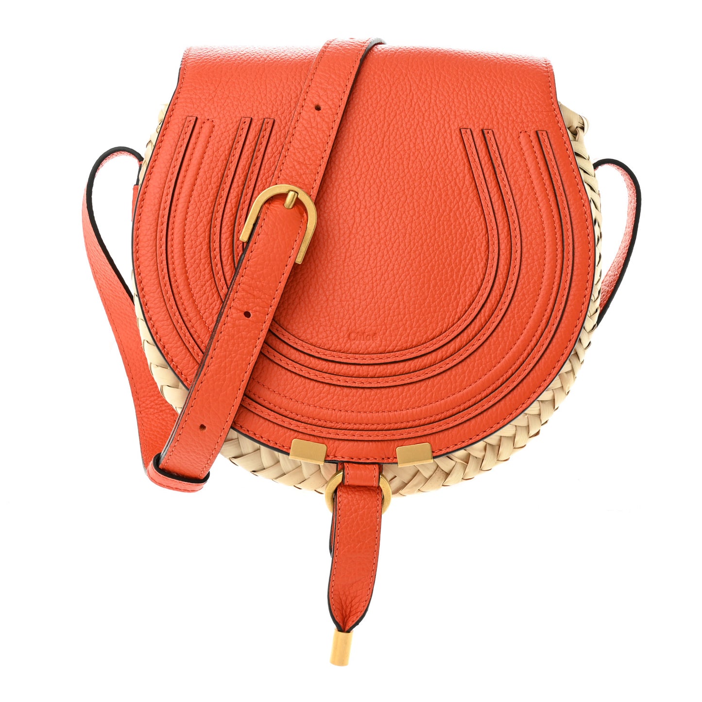 Grained Calfskin Palm Woven Small Marcie Basket Saddle Rusted Orange