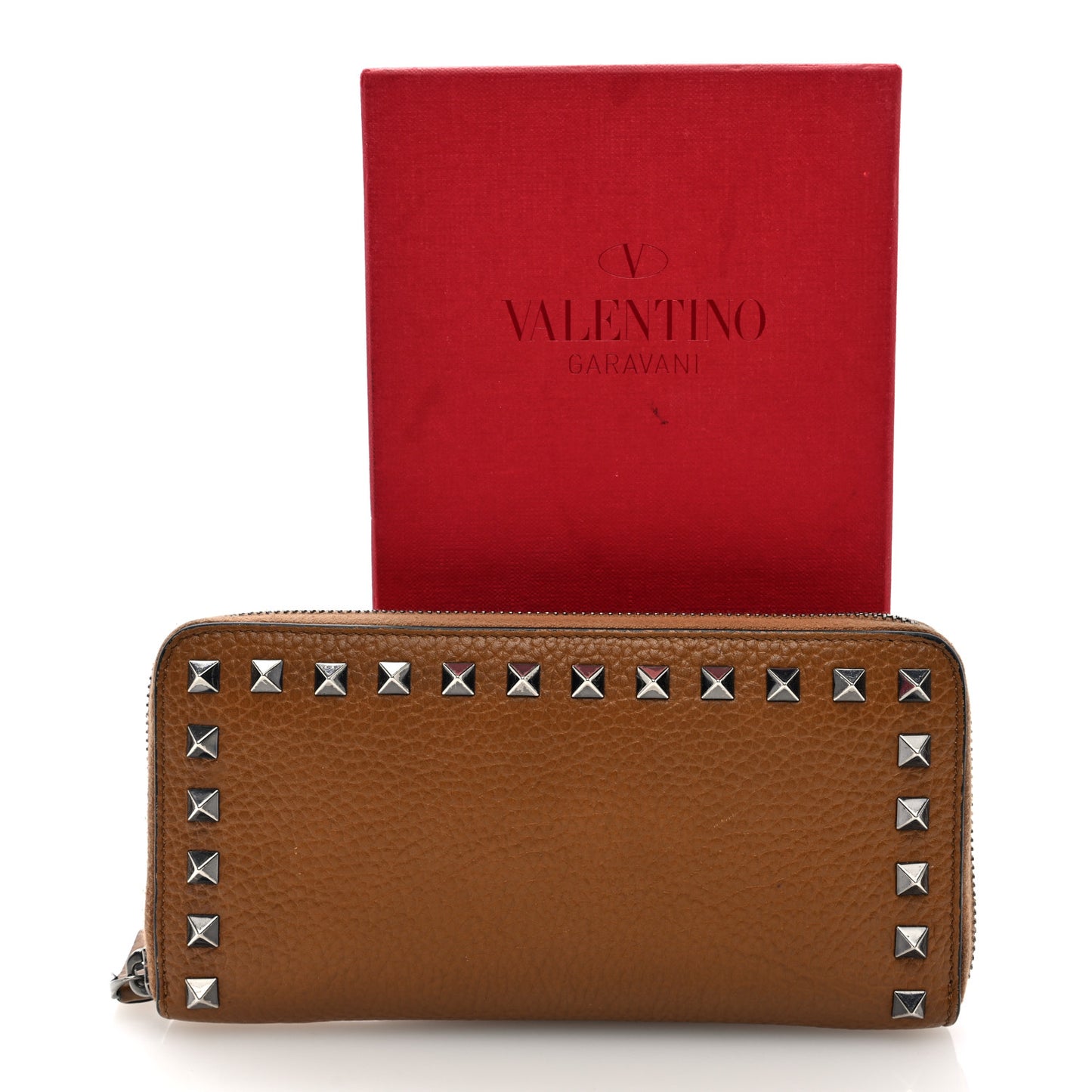 Grained Calfskin Rockstud Zip Around Wallet Bright Cognac