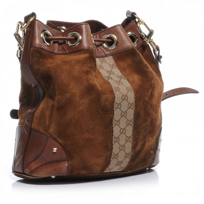 Gucci Suede Monogram Drawstring Shoulder Bag Brown 3 of 14
