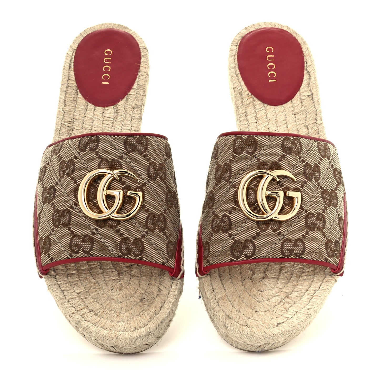 Monogram Matelasse GG Marmont Espadrille 20mm Slide Sandals 37.5 Beige Ebony New Cherry Red