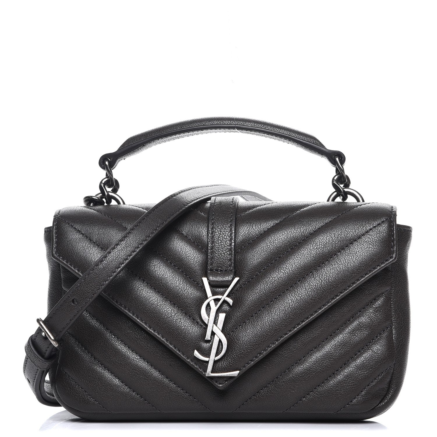 Saint Laurent Sheepskin Matelasse Chevron Monogram College Chain Wallet Coal 1 of 6
