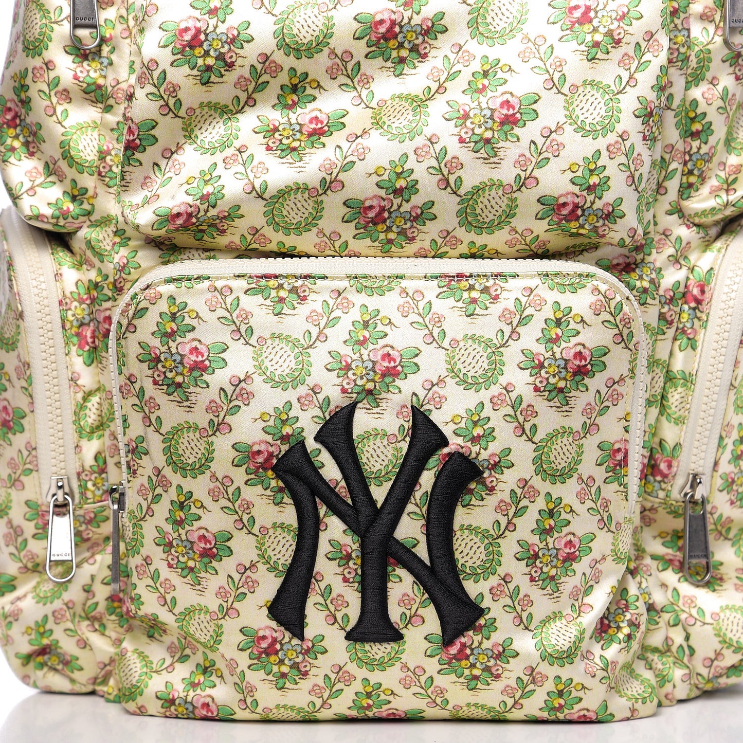 X MLB Satin Floral Print NY Yankees Patch Backpack Ivory Green