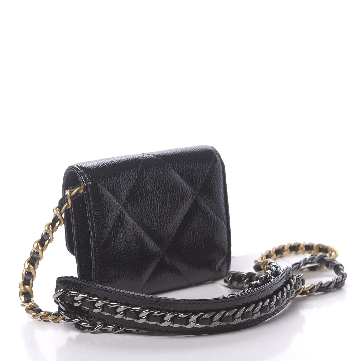 Chanel Shiny Crumpled Calfskin Quilted Chanel 19 Flap Coin Purse With Chain Black 3 of 12