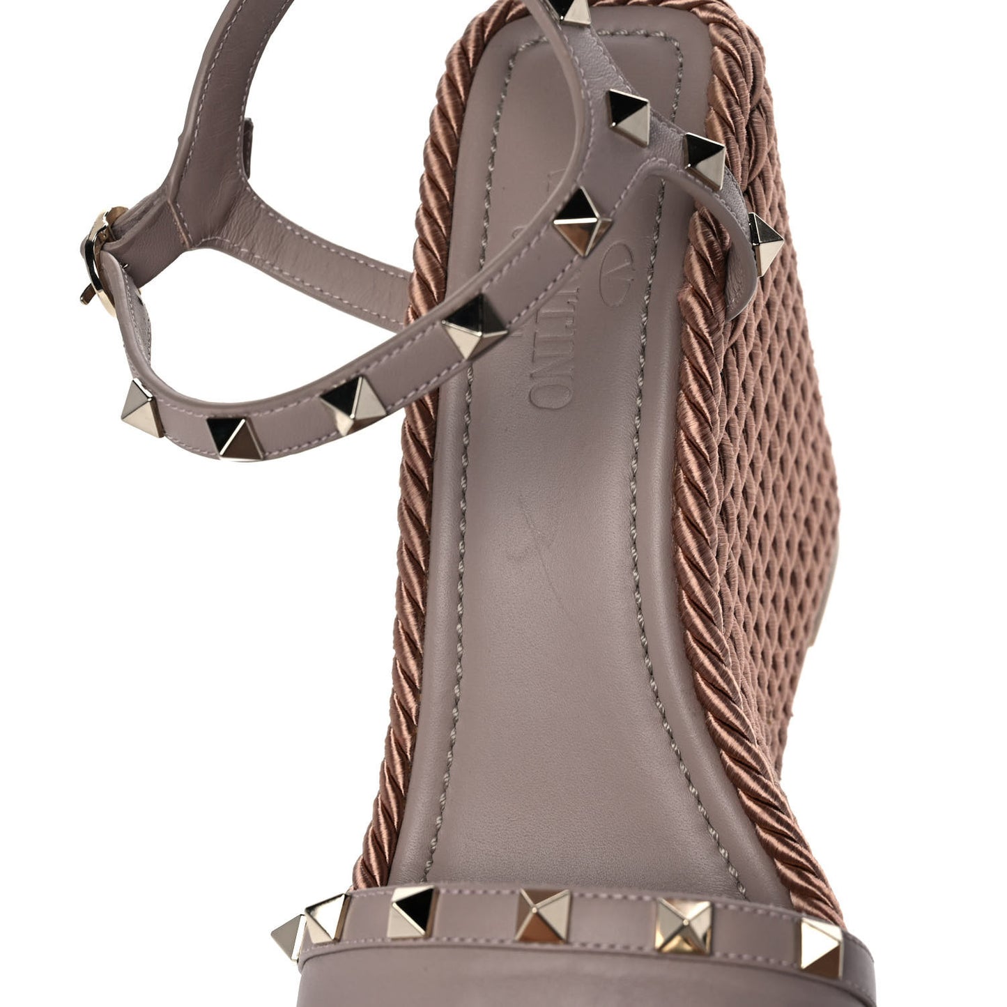 Calfskin Rockstud Ankle Strap Torchon Espadrille 25/115mm Wedge Sandals 39 Poudre