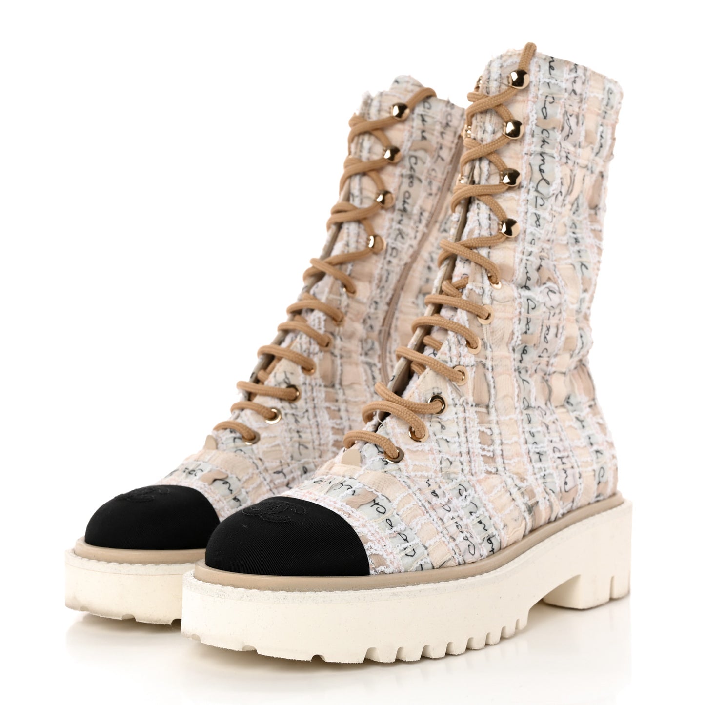 Tweed Grosgrain Cap Toe Lace Up Combat Boots 37 Multicolor