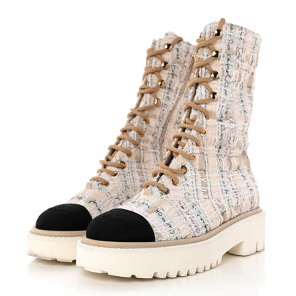 Chanel Tweed Grosgrain Cap Toe Lace Up Combat Boots 37 Multicolor 3 of 14