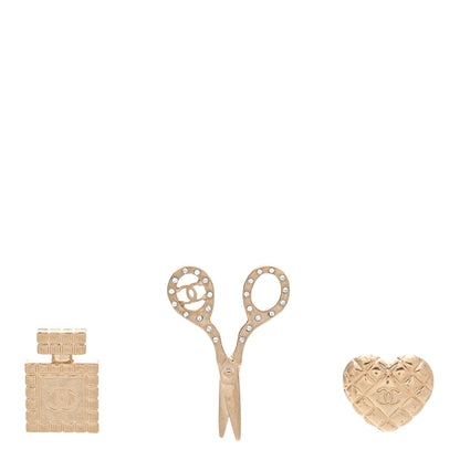 Chanel Metal Strass Crystal Quilted CC Heart Scissors Perfume Brooch Set Gold 1 of 5