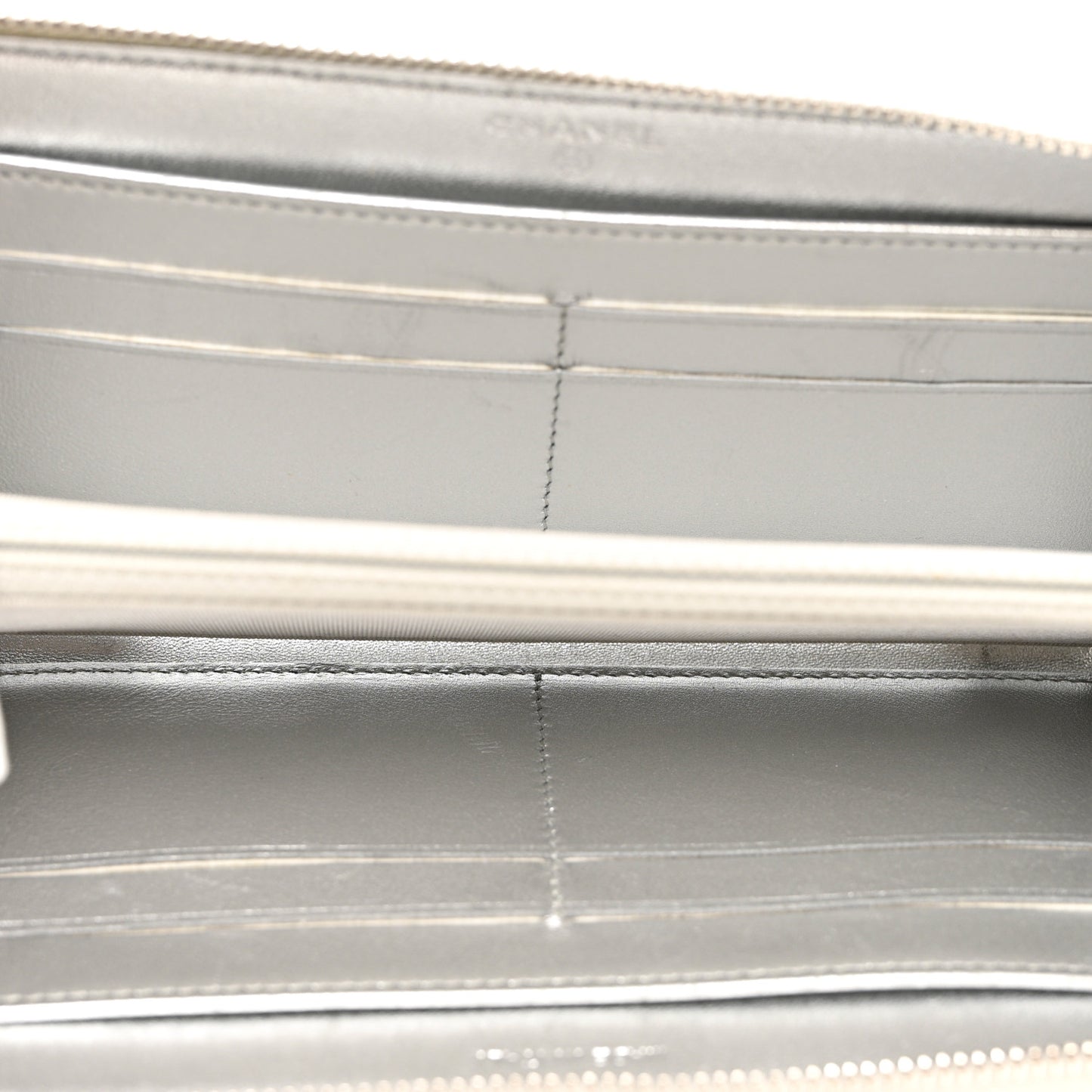 Metallic Lambskin Quilted Large Gusset Zip Around Wallet Silver