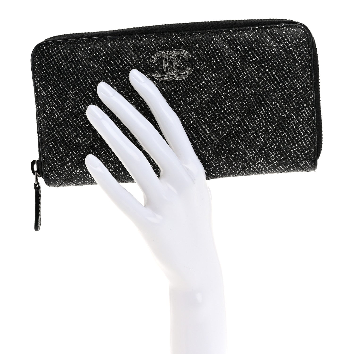 Chanel Glittered Calfskin Quilted Large Gusset Zip Wallet Black 2 of 12