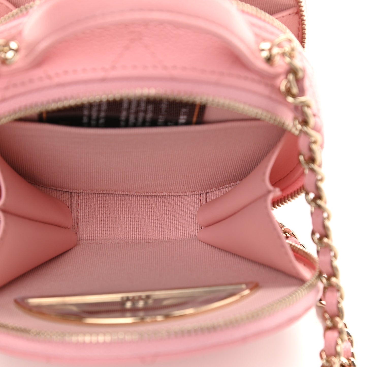 Caviar Quilted Round Handle With Care Vanity With Chain Pink