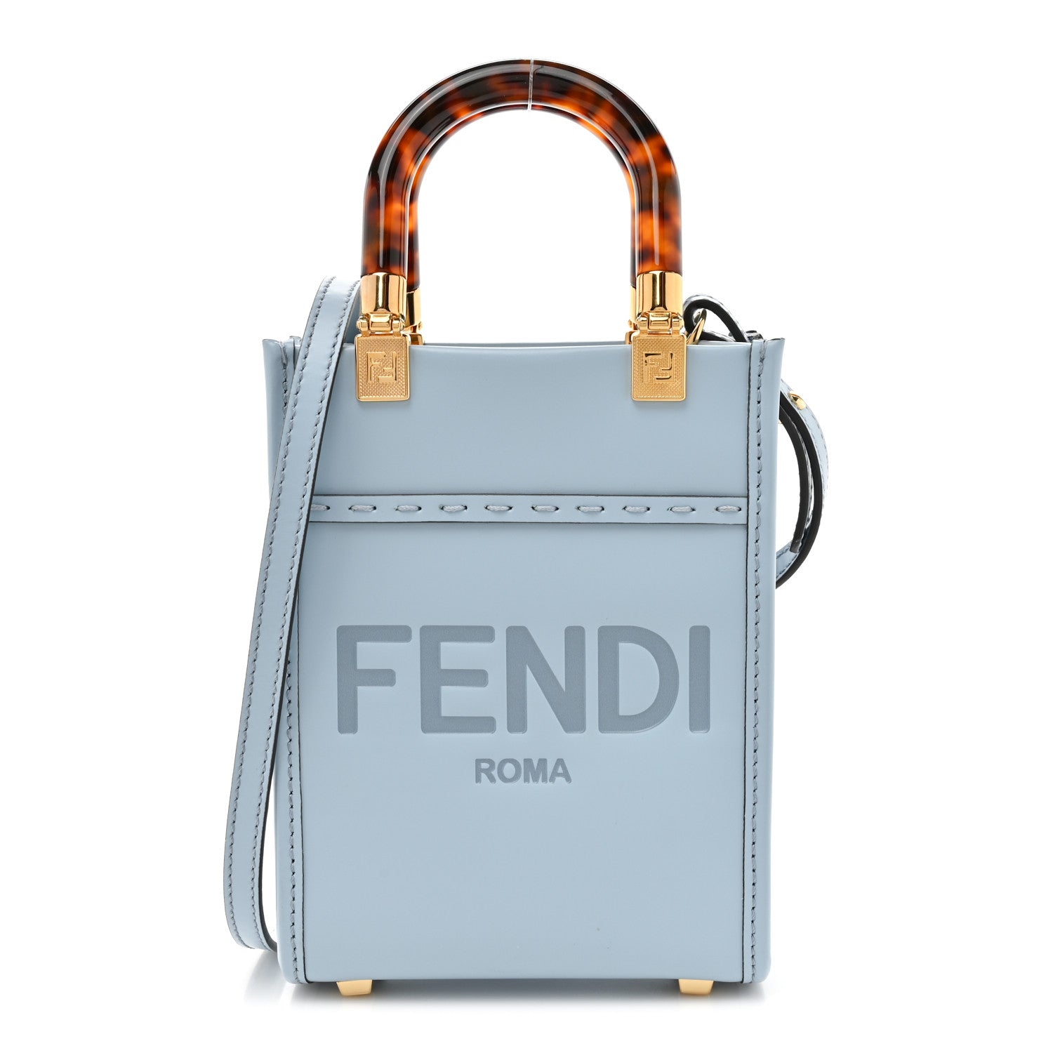 Fendi Vitello King Plexiglass Logo Embossed Mini Fendi Sunshine Shopper Tote Azzurro Baby 1 of 10