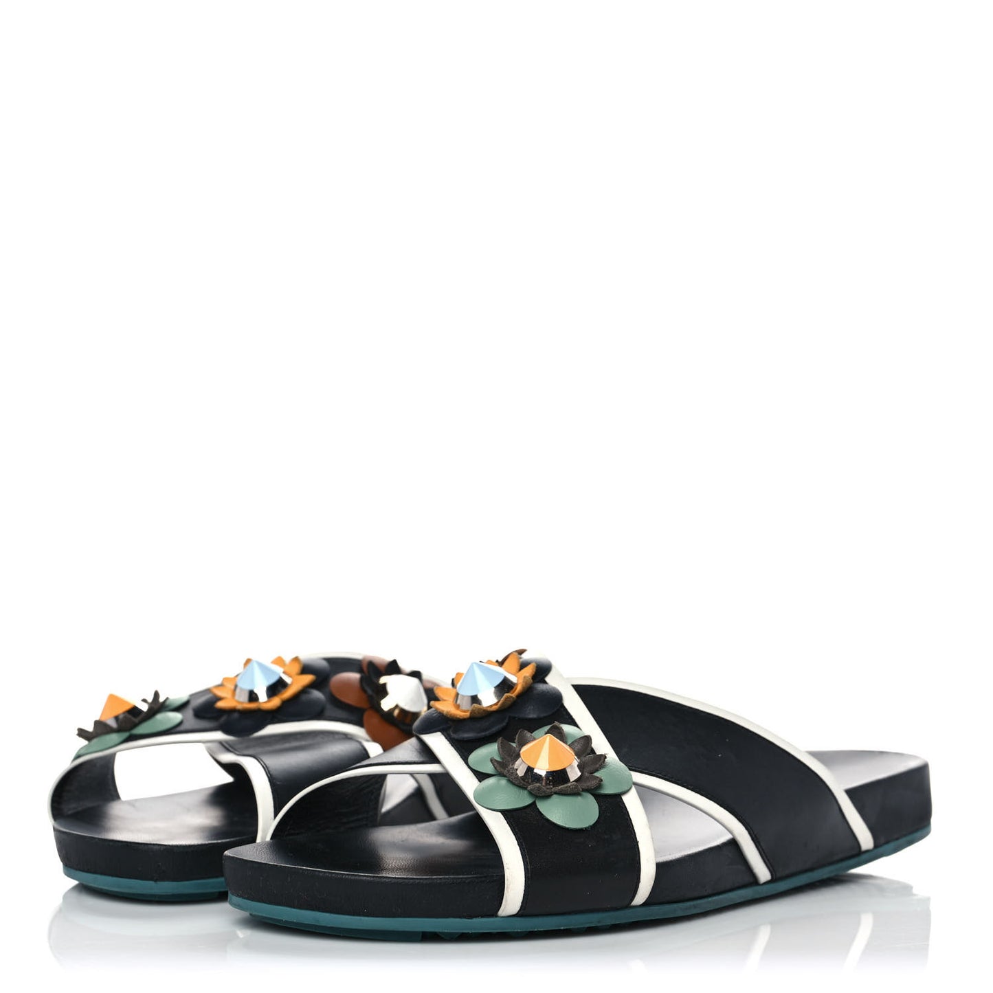 Calfskin Flowerland Studded Slide Sandals 40.5 Multicolor