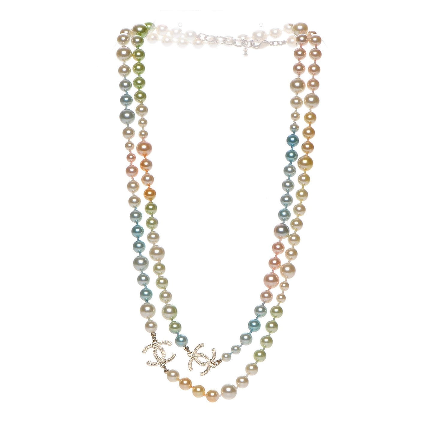 Beaded Pearl CC Long Necklace Gold Multicolor