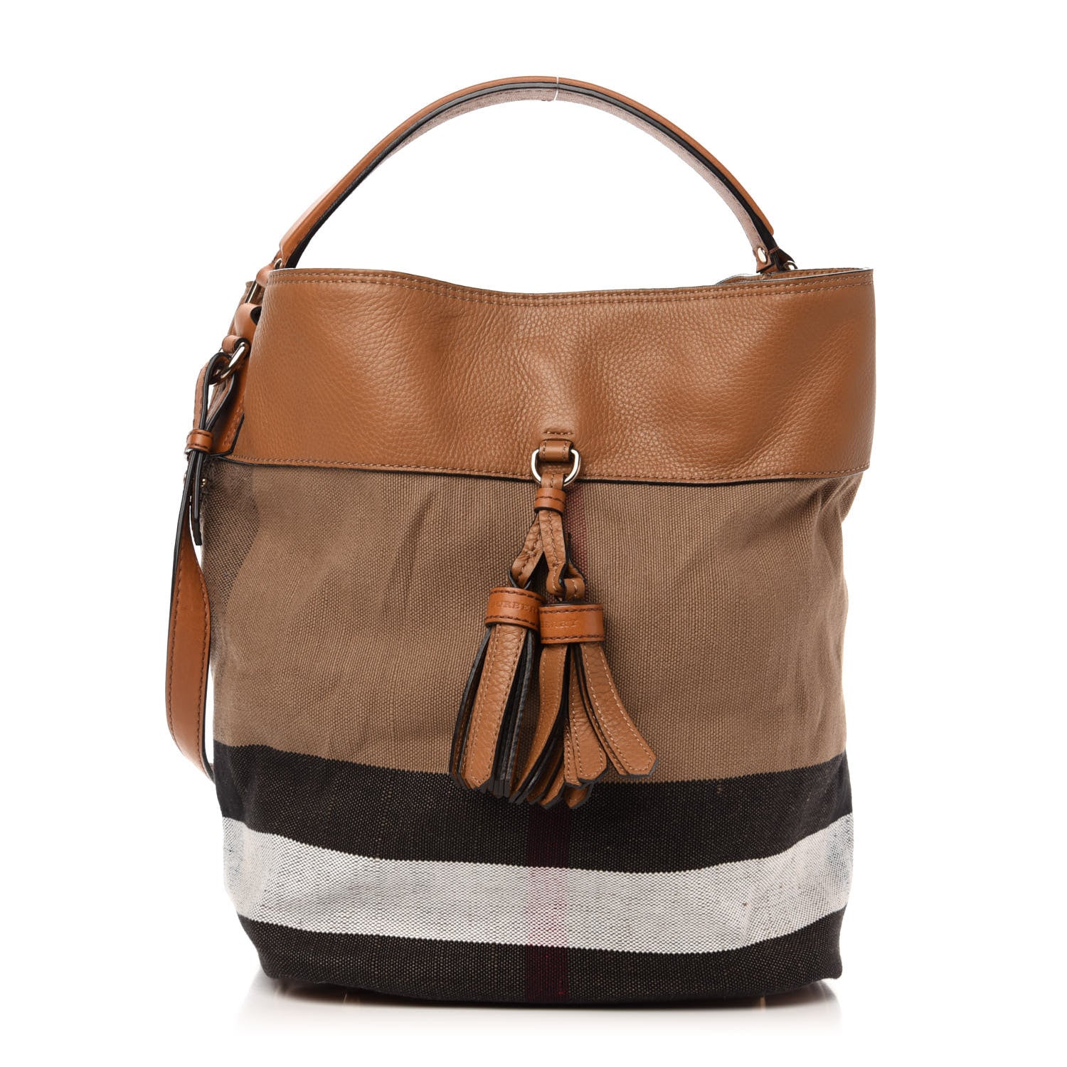 Burberry Grainy Calfskin Canvas Mega Check Medium Ashby Tassel Hobo Saddle Brown 1 of 12