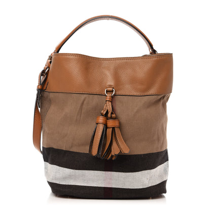 Burberry Grainy Calfskin Canvas Mega Check Medium Ashby Tassel Hobo Saddle Brown 1 of 12
