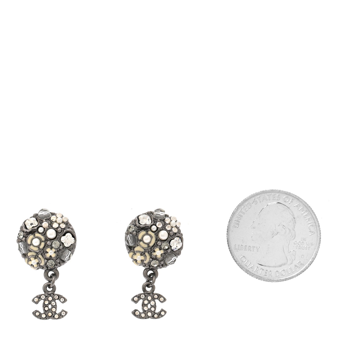 Pearl Crystal CC Camellia Cluster Drop Earrings Dark Silver