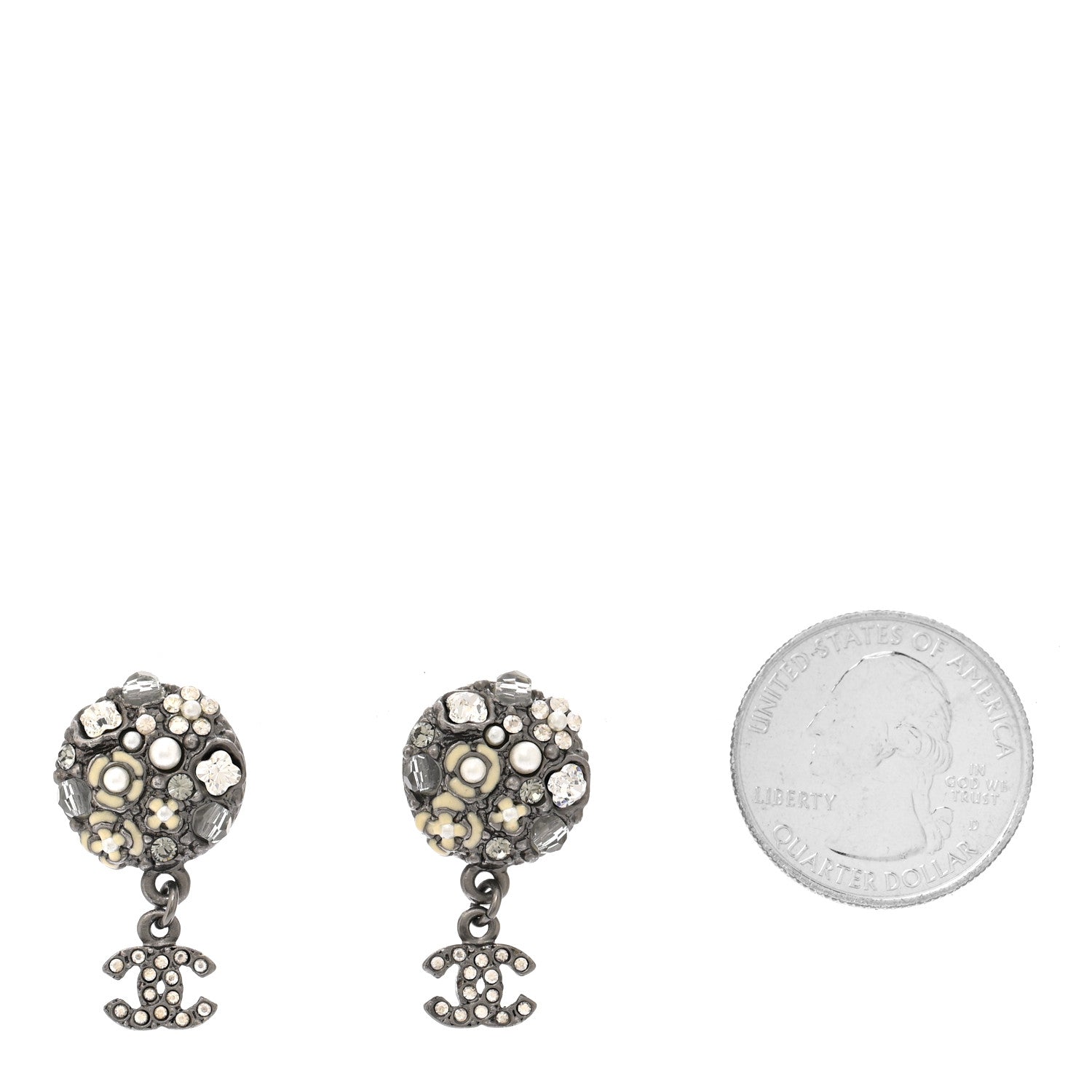 Chanel Pearl Crystal CC Camellia Cluster Drop Earrings Dark Silver 2 of 5