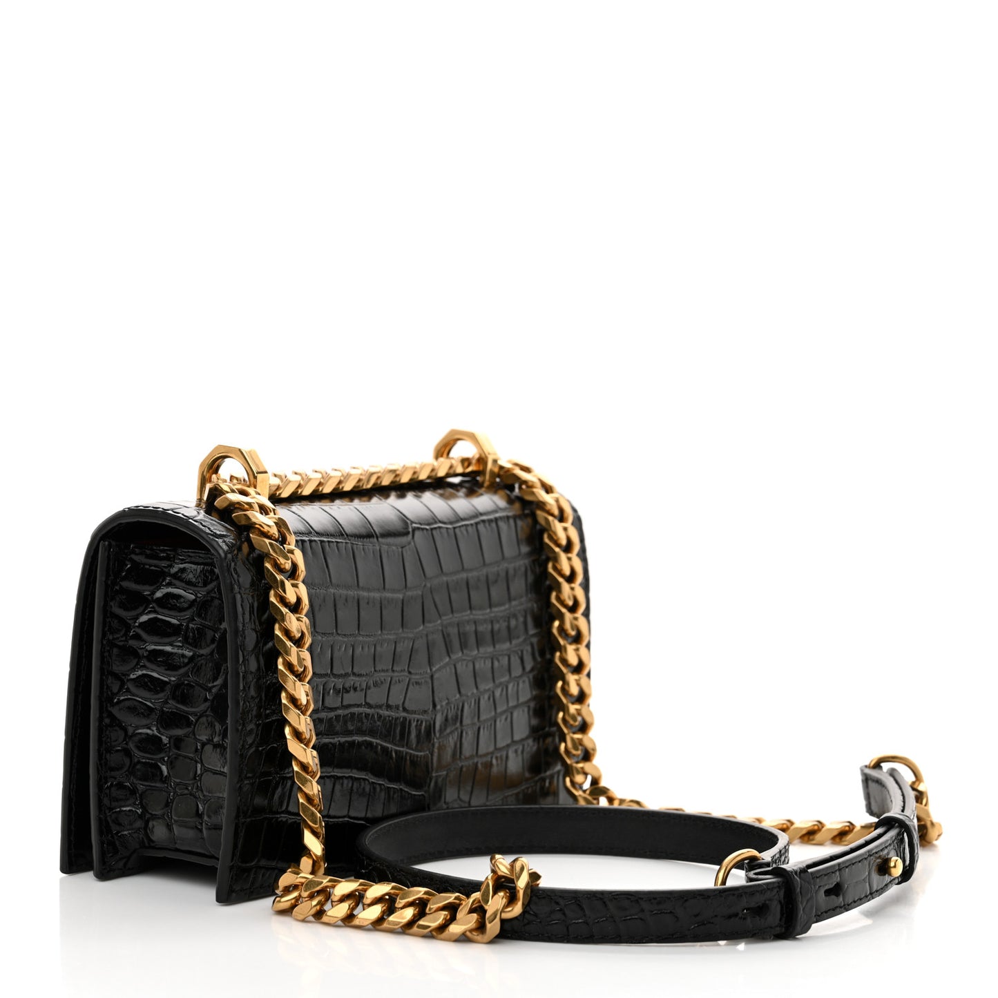 Shiny Crocodile Embossed Jeweled Satchel Black