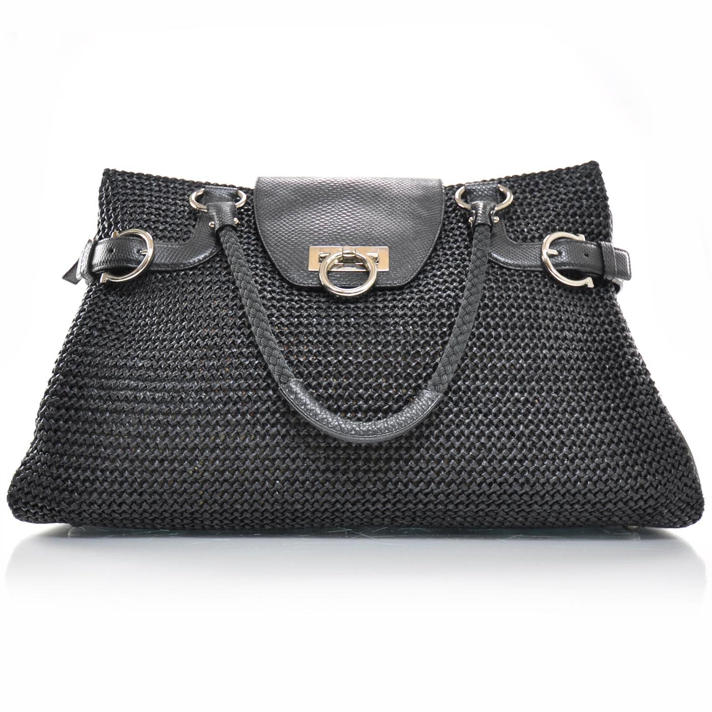 SALVATOREFERRAGAMOLeatherStrawWovenSatchelBlack