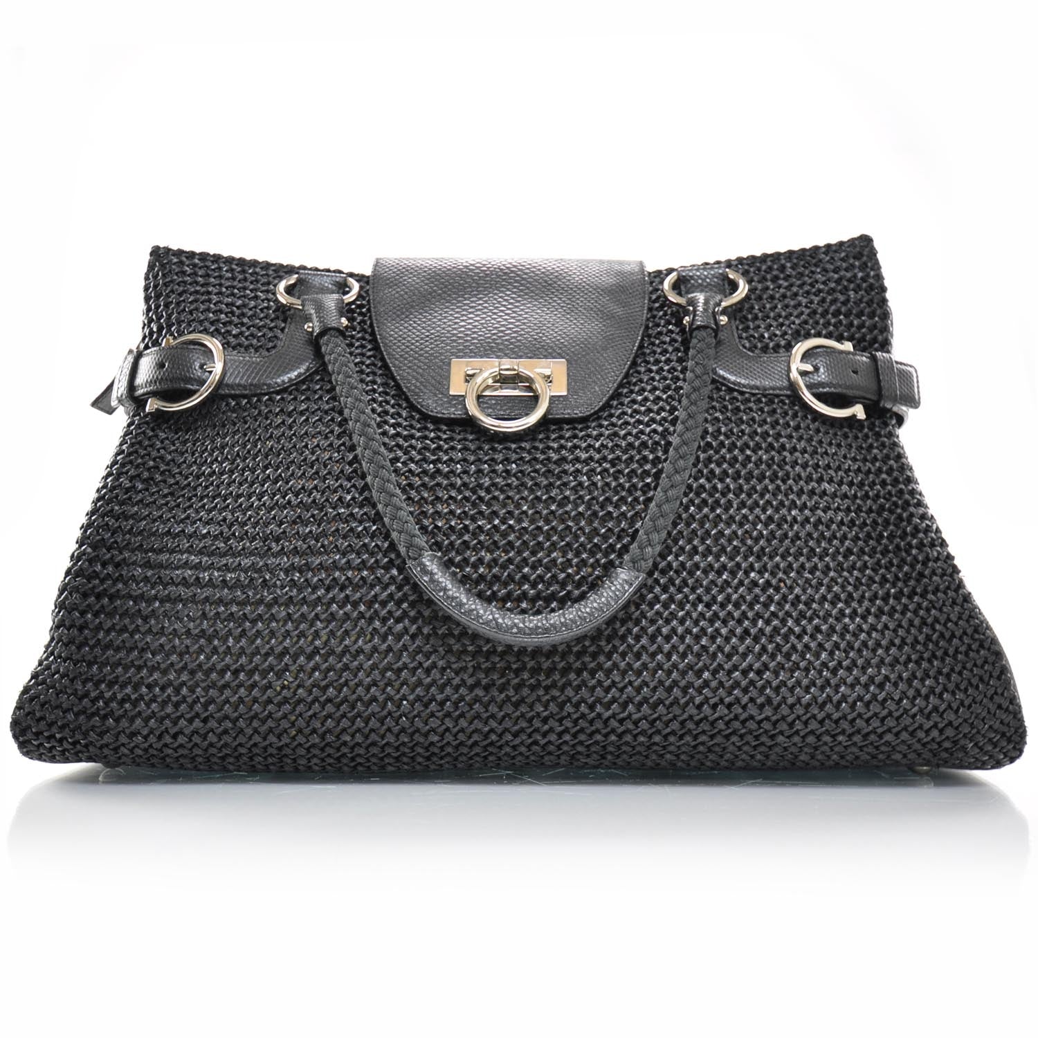 FASHIONPHILE SALVATOREFERRAGAMOLeatherStrawWovenSatchelBlack 1 of 7