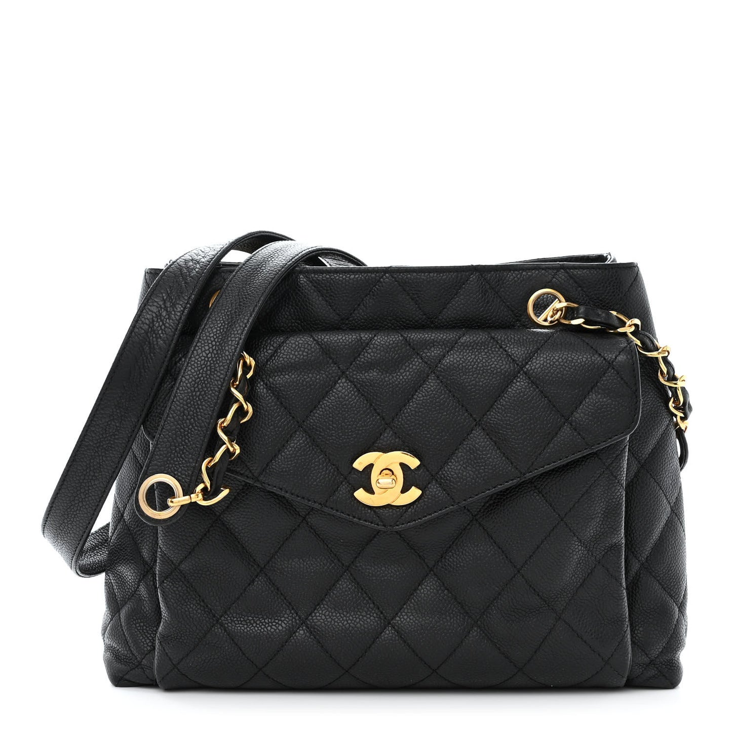 Caviar Quilted Pocket Shopping Tote Black
