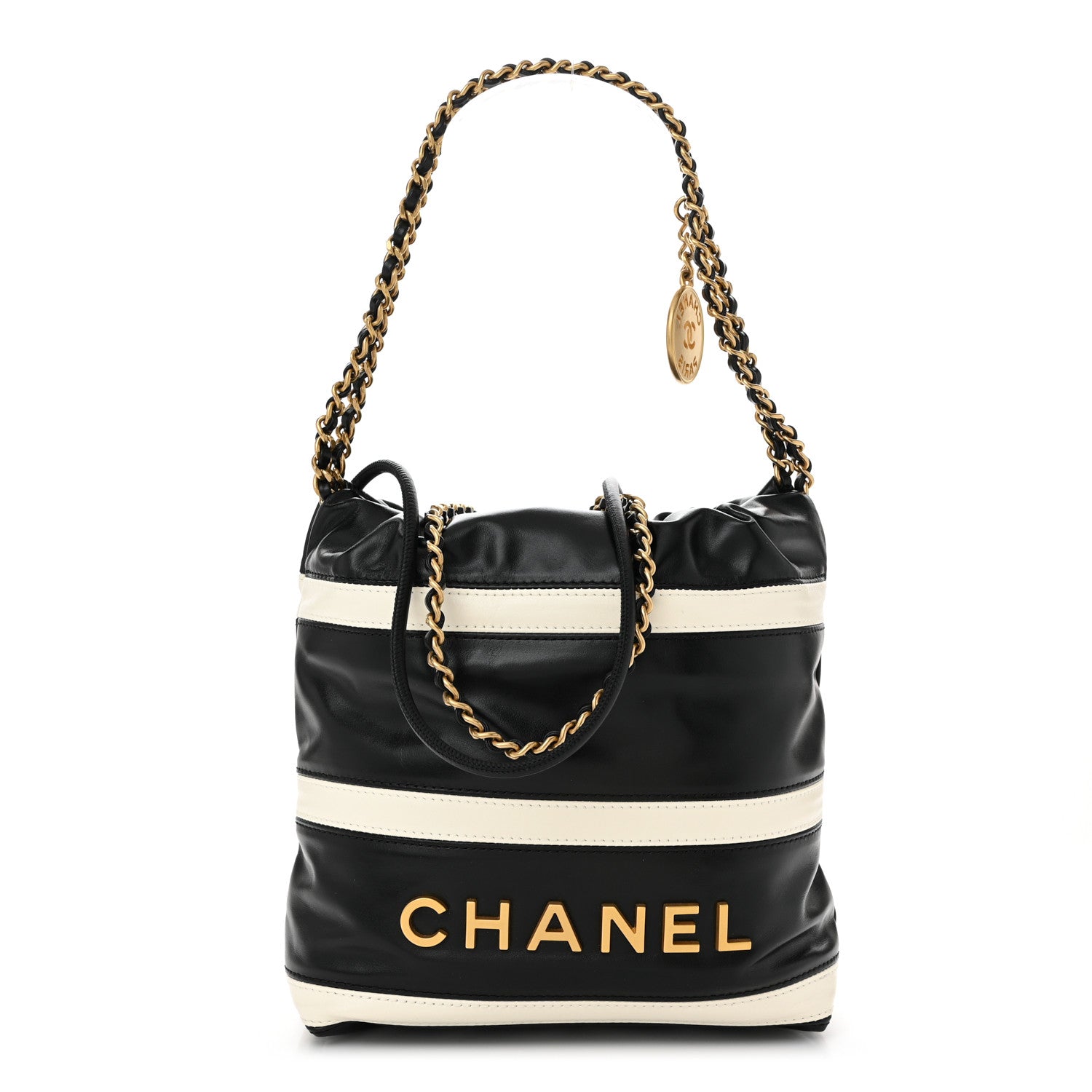 Chanel Shiny Calfskin Striped Mini Chanel 22 Black White 1 of 10