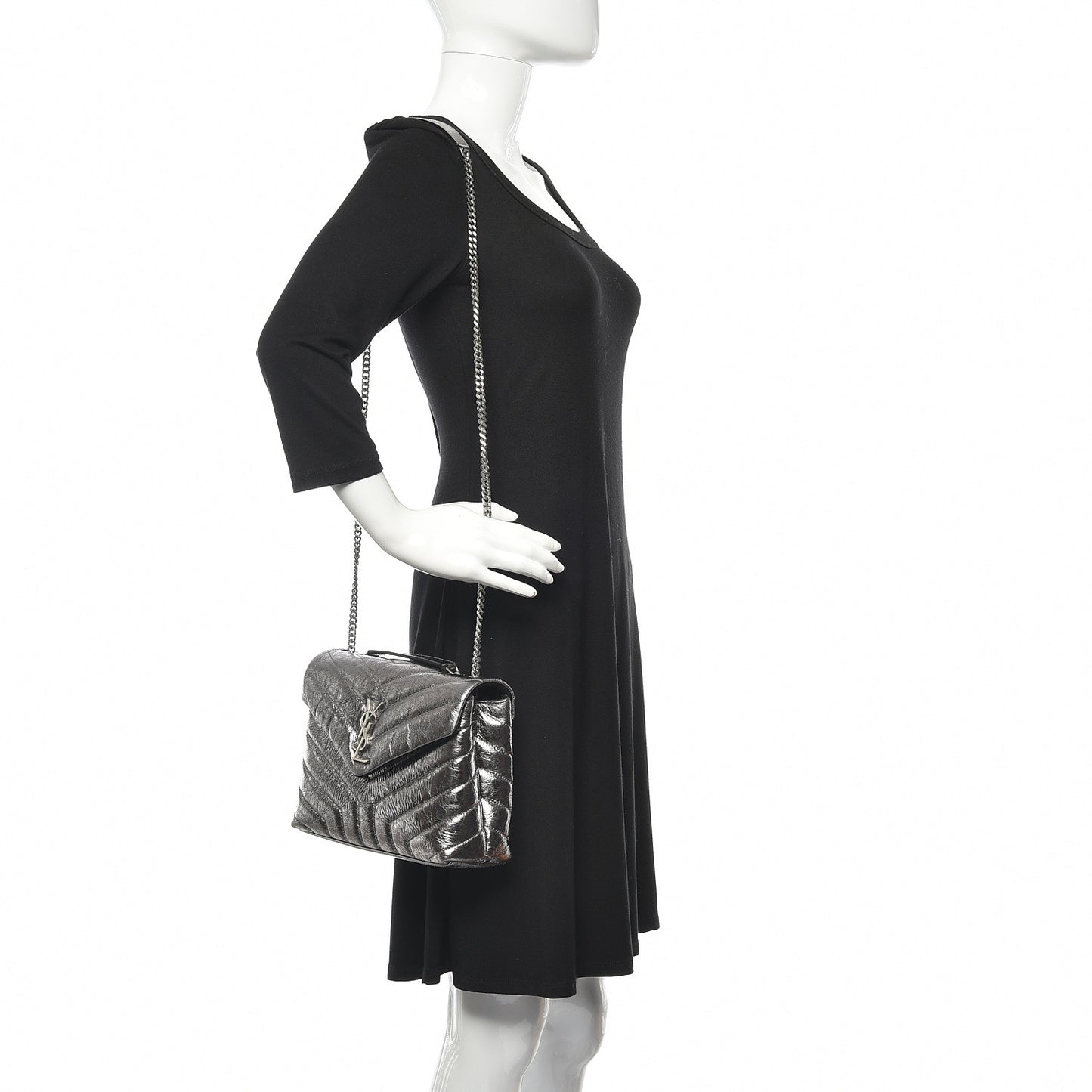 Metallic Calfskin Y Quilted Monogram Small Loulou Chain Satchel Acciaio