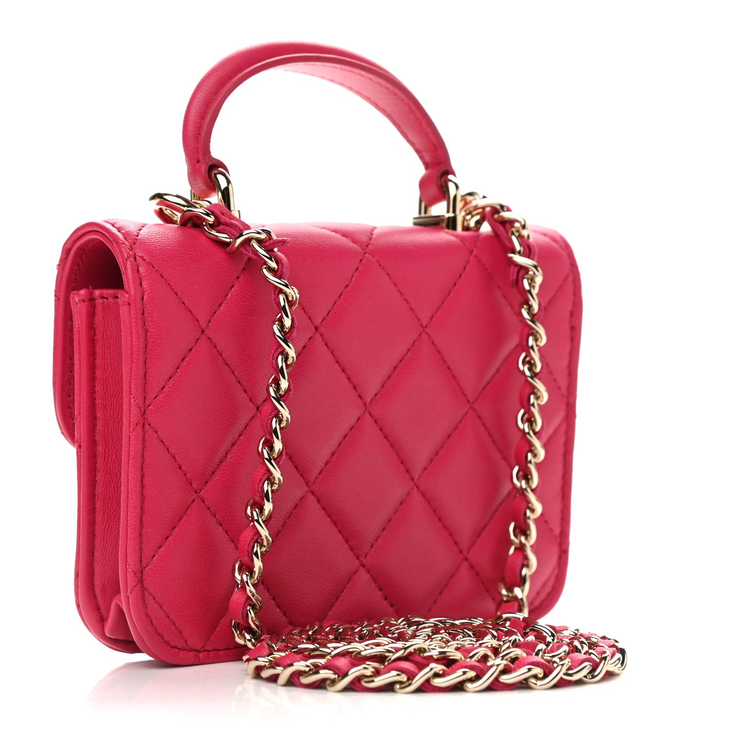 Lambskin Quilted Top Handle Flap Coin Purse With Chain Dark Pink