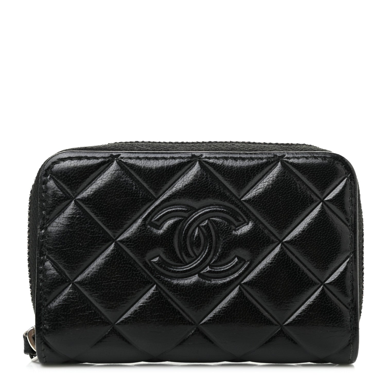 Chanel Lambskin Quilted Diamond CC Zip Around Coin Purse Black 1 of 7